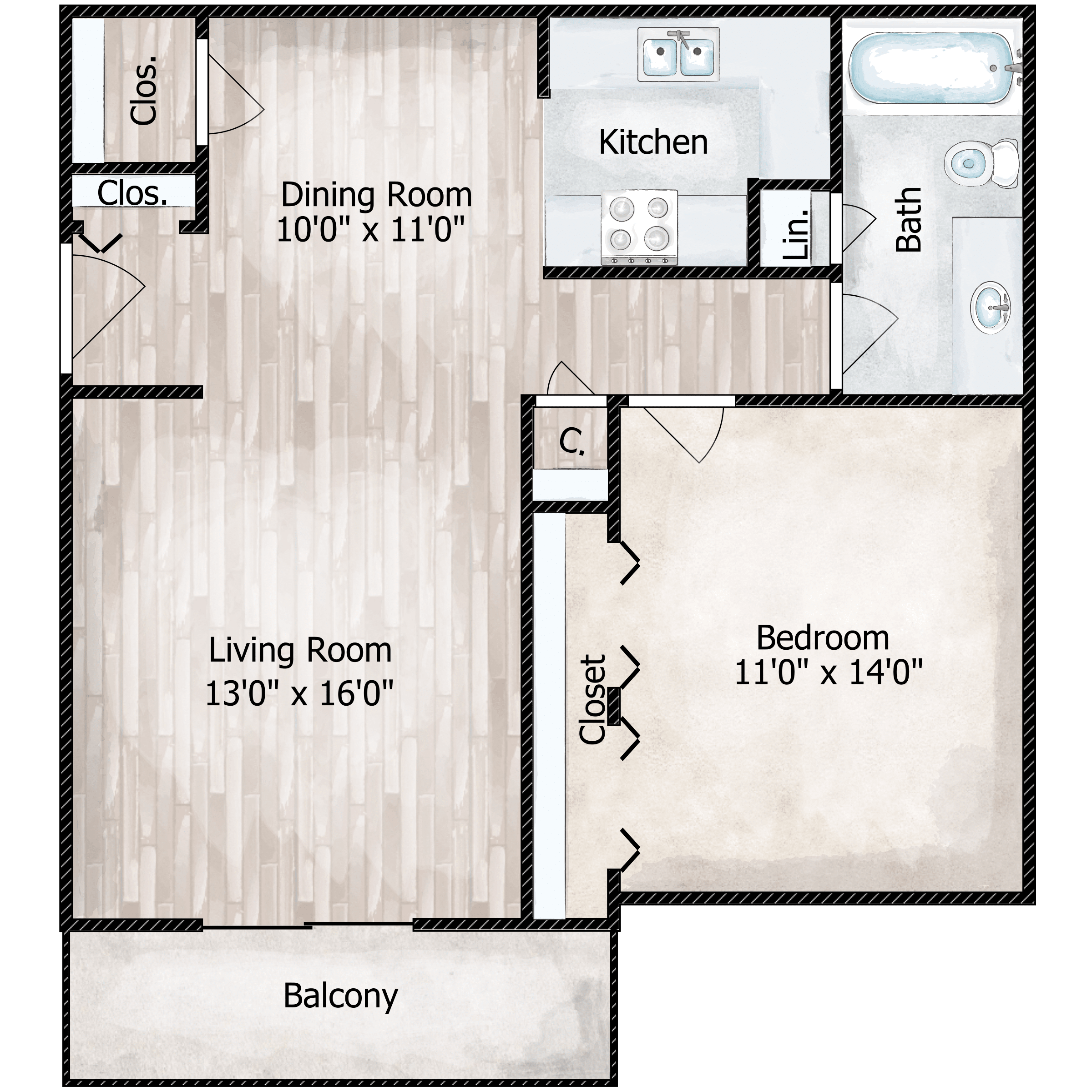 Floor plan for 1 bed, 1 bath, 700 sqft